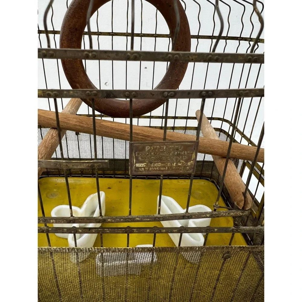 Hendryx Antique Brass Bird Cage Vintage Wire Pet w Porcelain Feeders Perch Gold